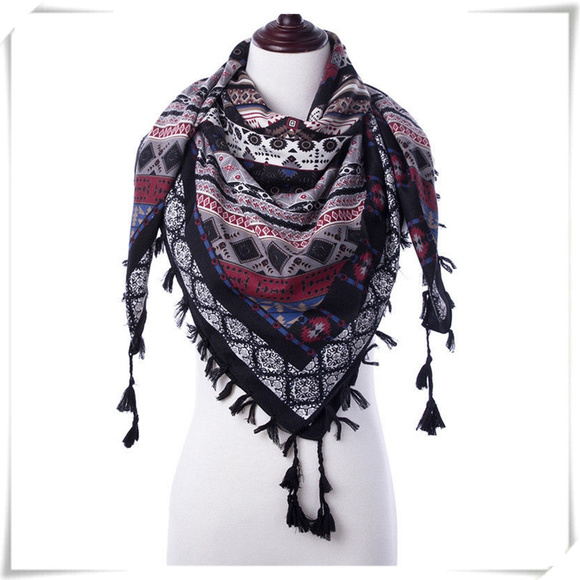 Accessories - Boho Aztec Square Scarf with Tassels in Black